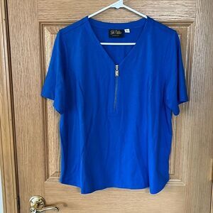Bob Mackie Royal Blue Zipper V-Neck Short Sleeve Top Large